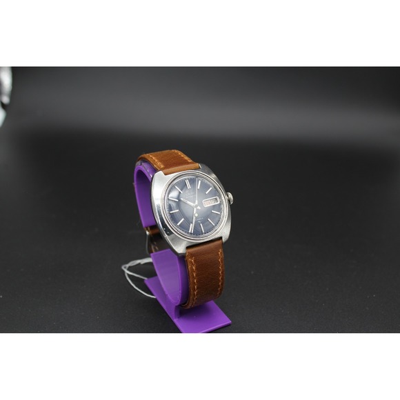 Seiko Automatic 7006-7007 Vintage Blue Dial Mens Watch Brown Leather Strap 19J - Picture 2 of 3